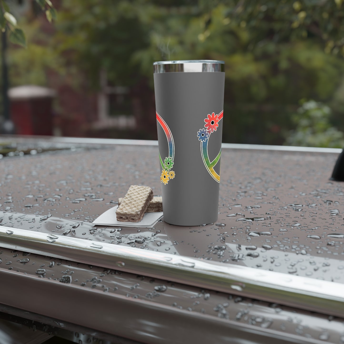 22oz Rainbow Peace Sign Tumbler — Insulated Copper Vacuum Travel Cup with Floral Accents