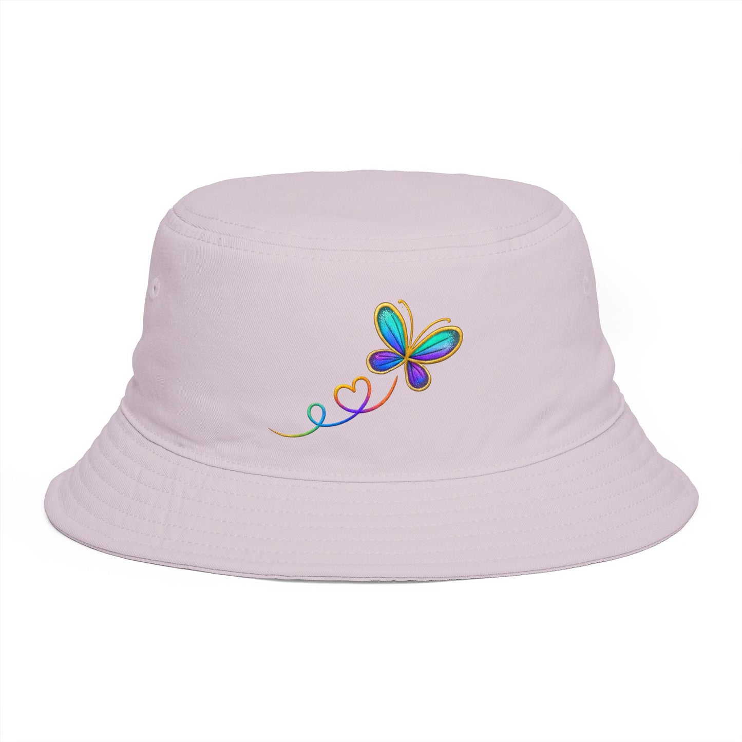 Butterfly Heart Embroidered Bucket Hat — Vibrant Rainbow Accent