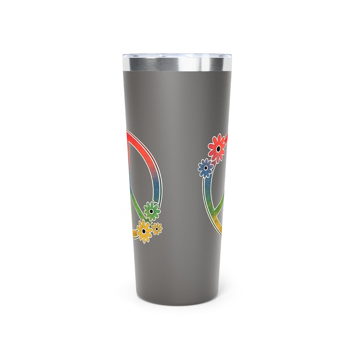 22oz Rainbow Peace Sign Tumbler — Insulated Copper Vacuum Travel Cup with Floral Accents