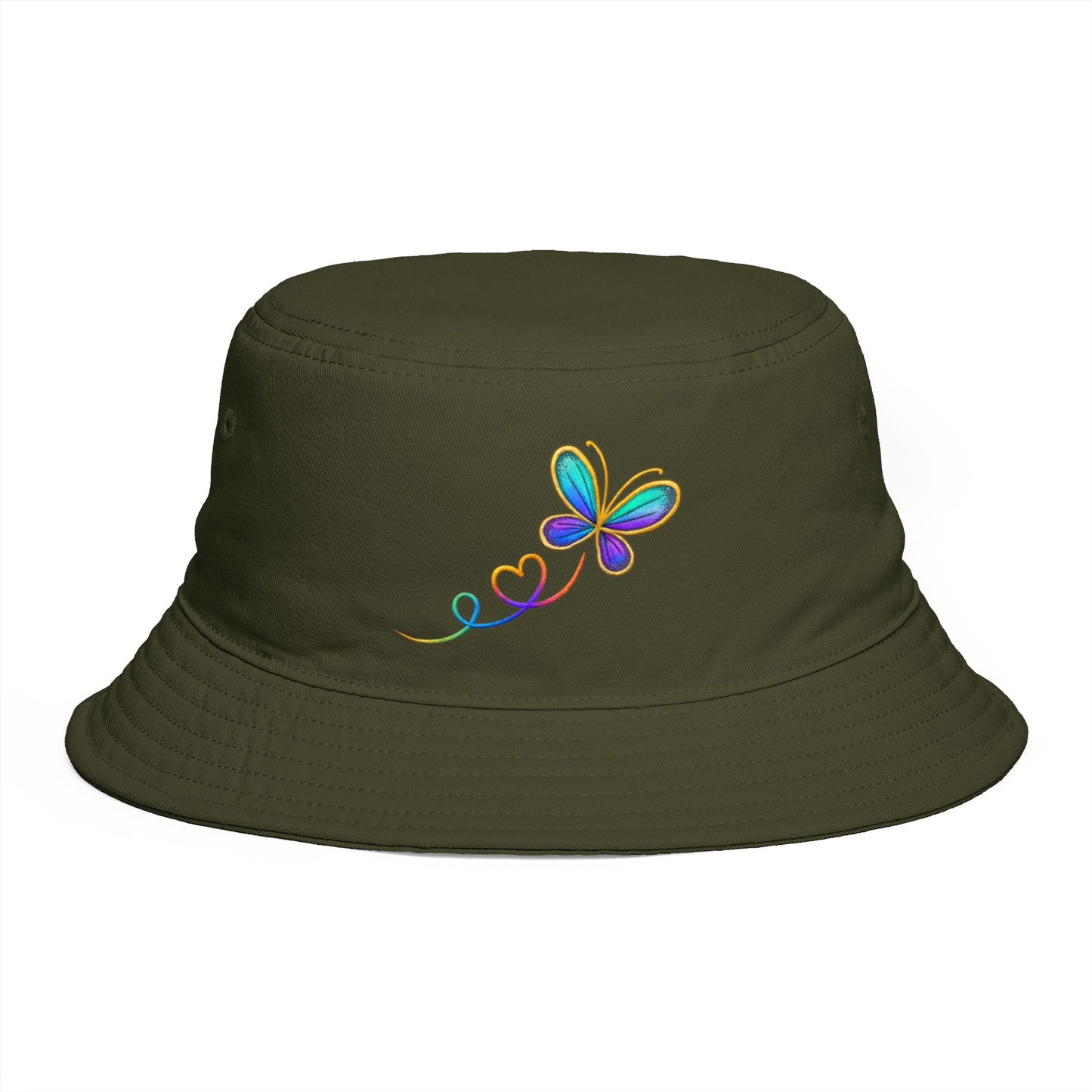 Butterfly Heart Embroidered Bucket Hat — Vibrant Rainbow Accent