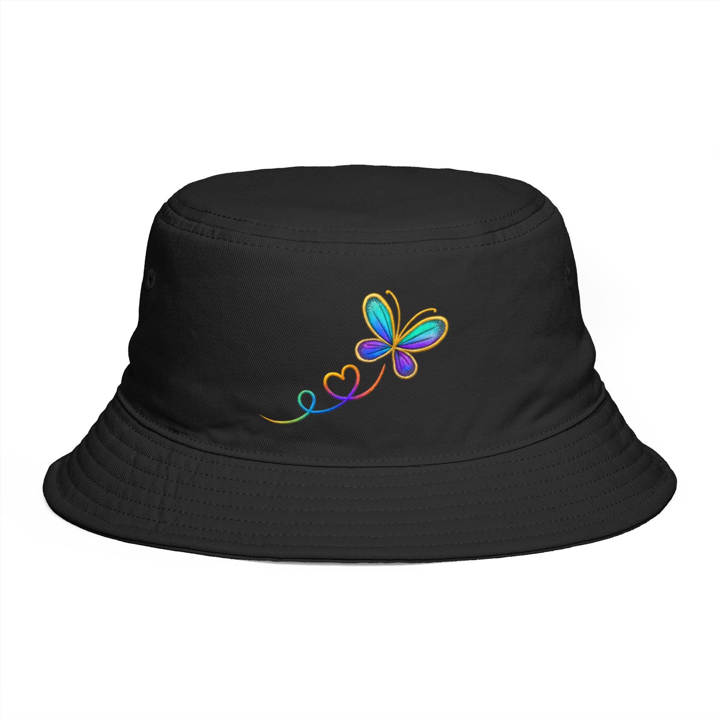 Butterfly Heart Embroidered Bucket Hat — Vibrant Rainbow Accent