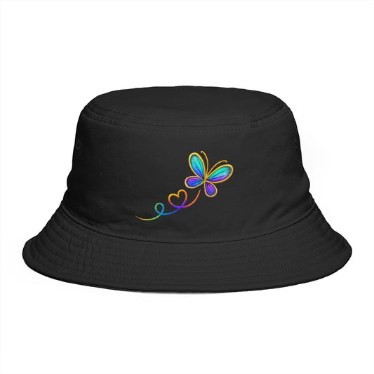 Butterfly Heart Embroidered Bucket Hat — Vibrant Rainbow Accent