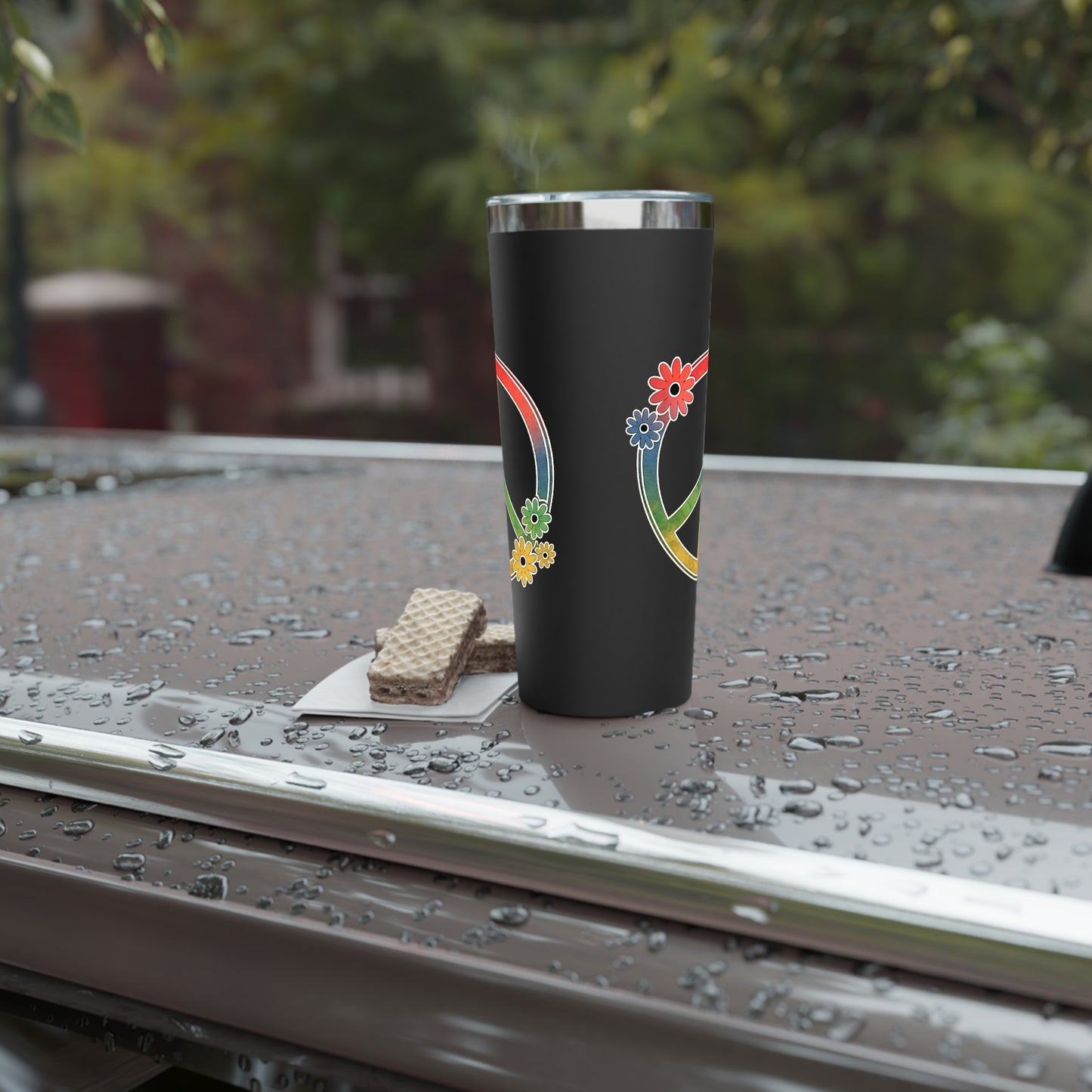 22oz Rainbow Peace Sign Tumbler — Insulated Copper Vacuum Travel Cup with Floral Accents