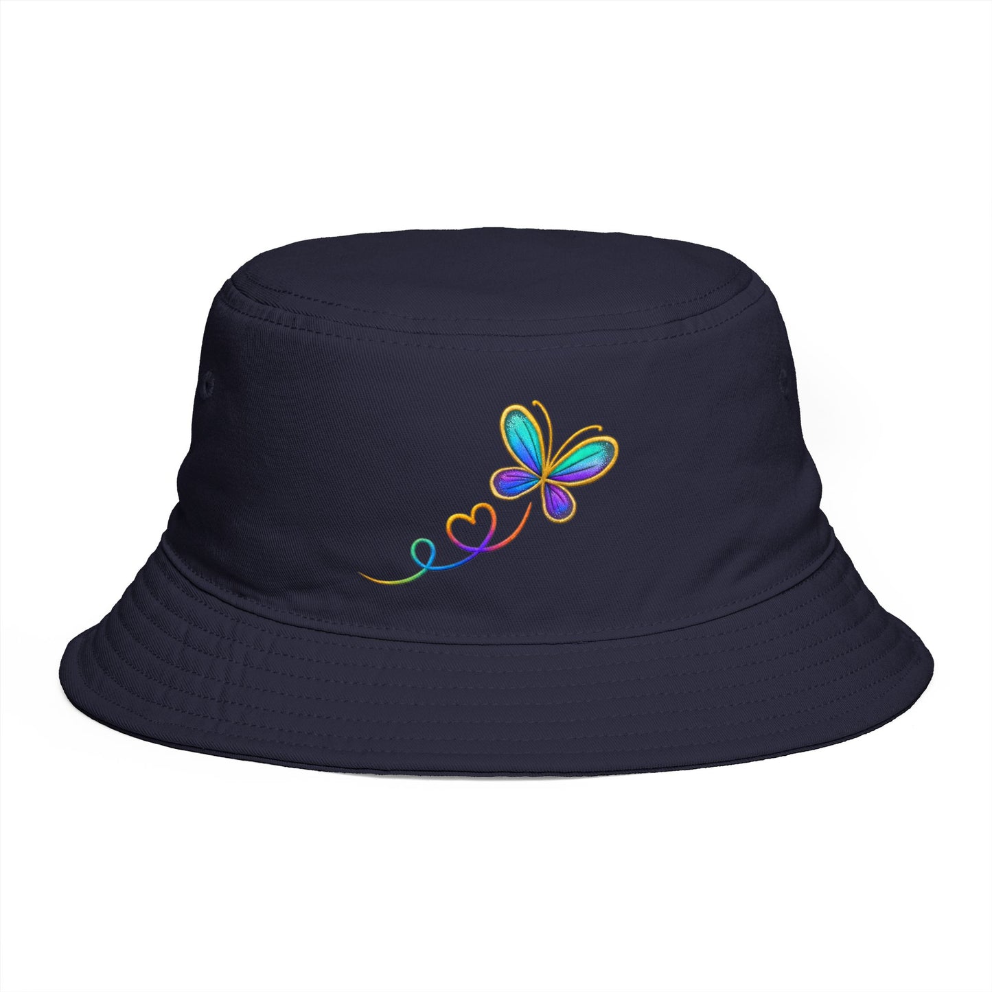 Butterfly Heart Embroidered Bucket Hat — Vibrant Rainbow Accent