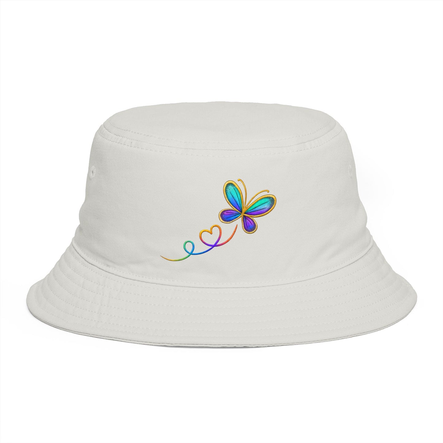 Butterfly Heart Embroidered Bucket Hat — Vibrant Rainbow Accent