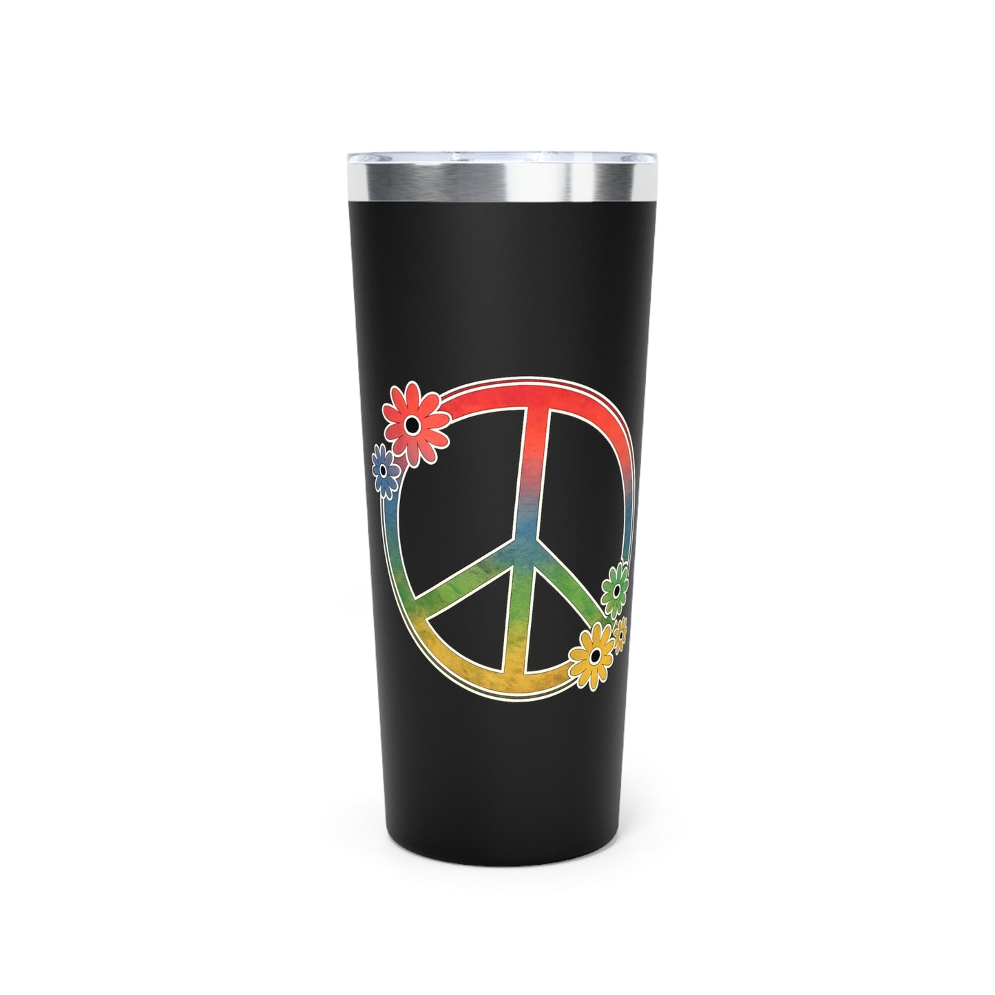 22oz Rainbow Peace Sign Tumbler — Insulated Copper Vacuum Travel Cup with Floral Accents