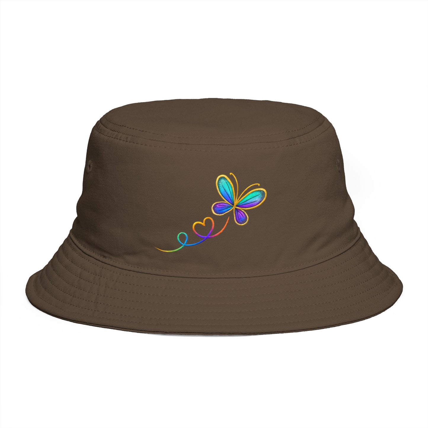 Butterfly Heart Embroidered Bucket Hat — Vibrant Rainbow Accent