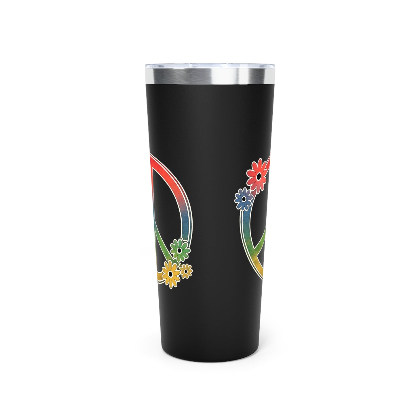 22oz Rainbow Peace Sign Tumbler — Insulated Copper Vacuum Travel Cup with Floral Accents