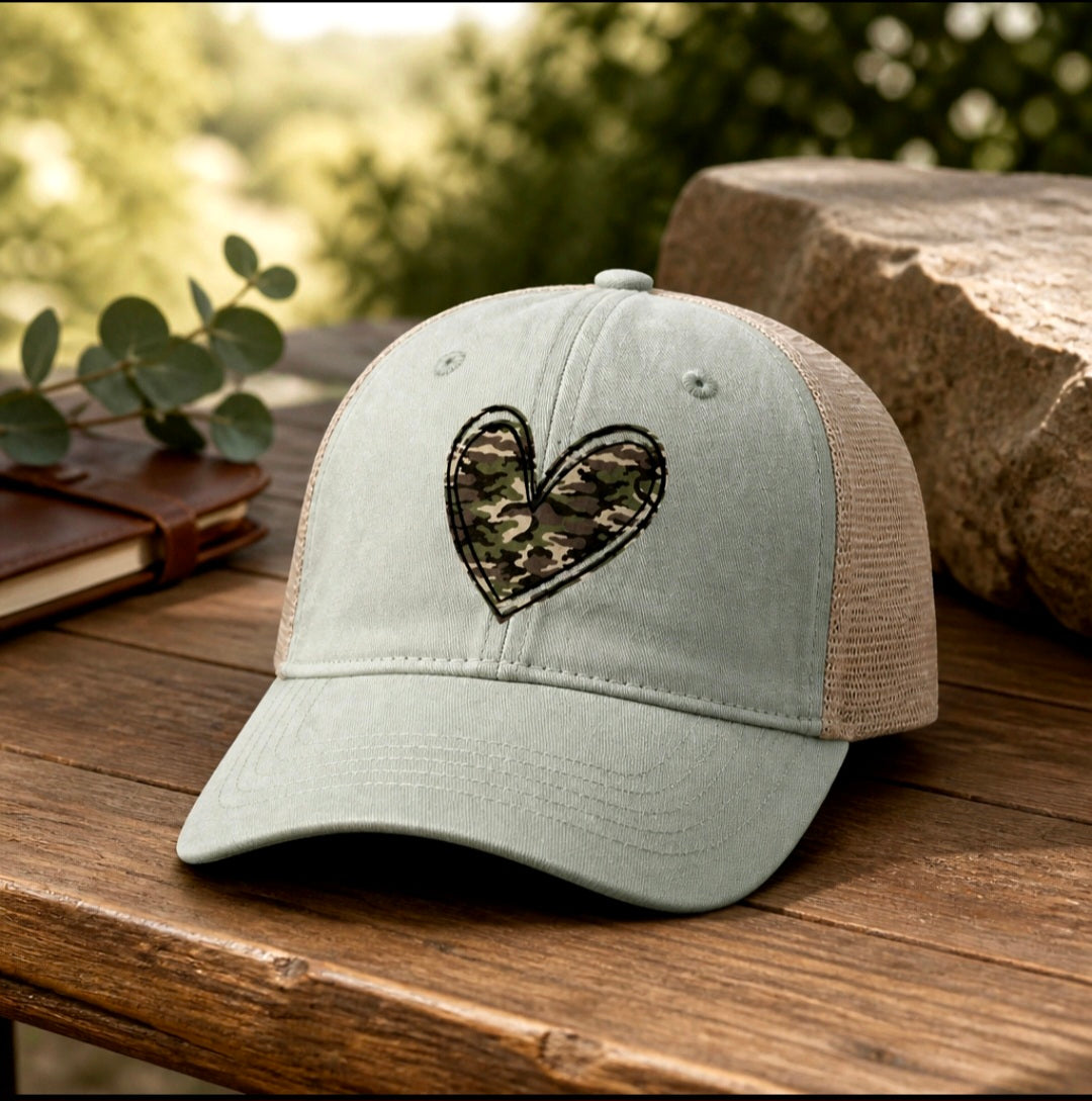 Camo Heart Distressed Trucker Hat | Signature Under-Brim Details