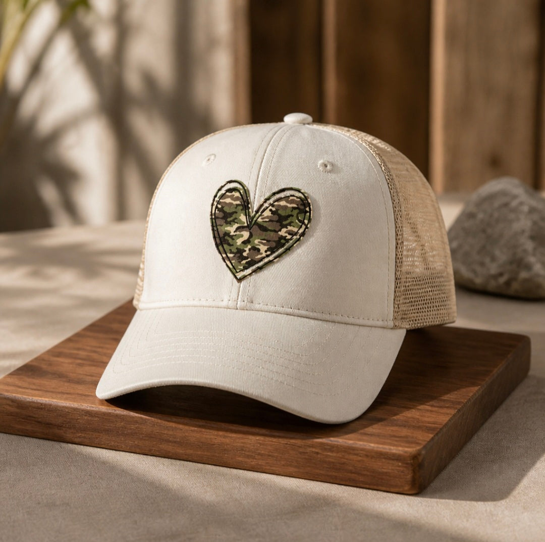 Camo Heart Distressed Trucker Hat | Signature Under-Brim Details