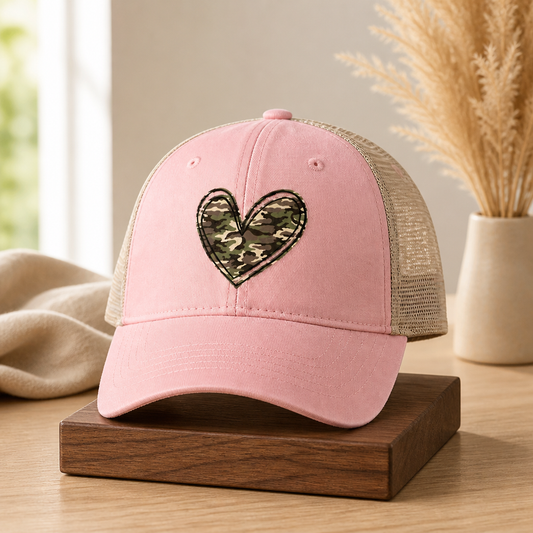 Camo Heart Distressed Trucker Hat | Signature Under-Brim Details